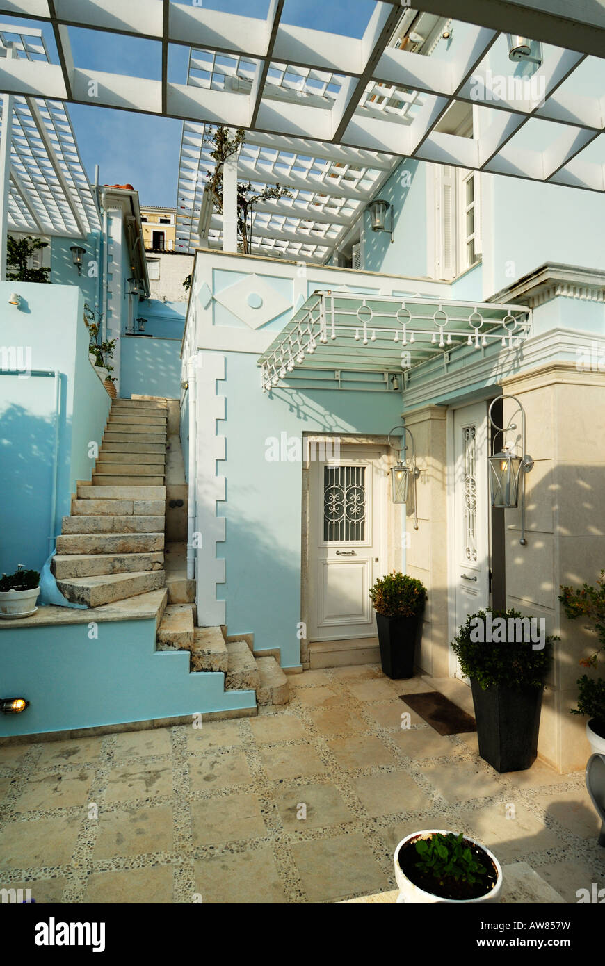 The veranda of 'Perantzada 1811 art hotel' in Vathi, Ithaki, Greece Stock Photo