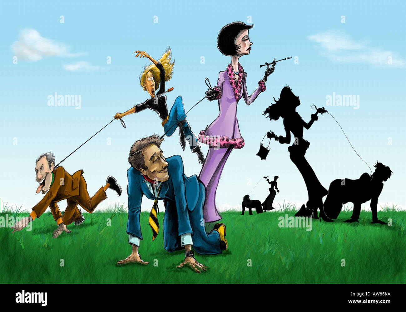 Women "walking" their men on a leash Stock Photo Alamy