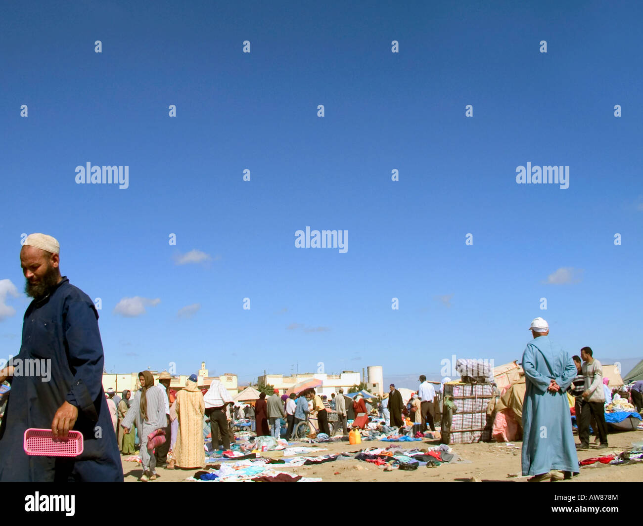 Street scene. Market in countryside Morocco. Local people buying and selling goods. North Africa. Stock Photo