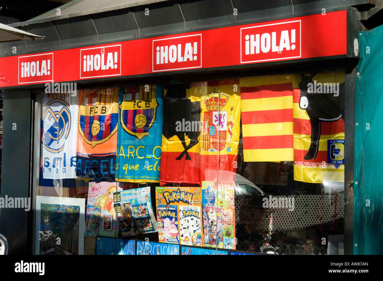 football club flags news stand la rambla Barcelona Spain Europe Stock Photo