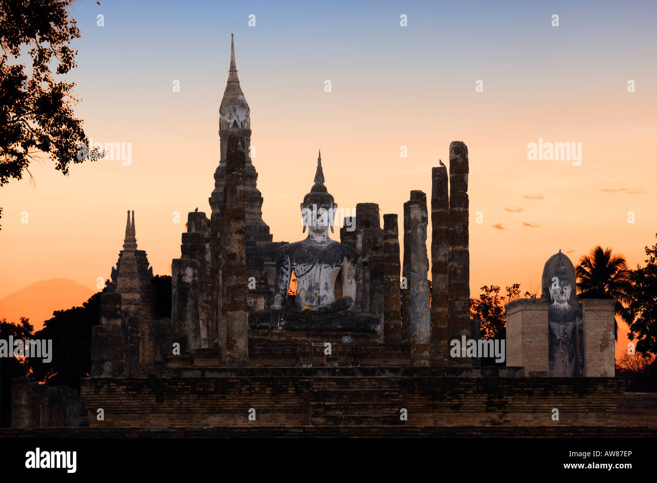 sukhothai temple at dusk in thailand Stock Photo