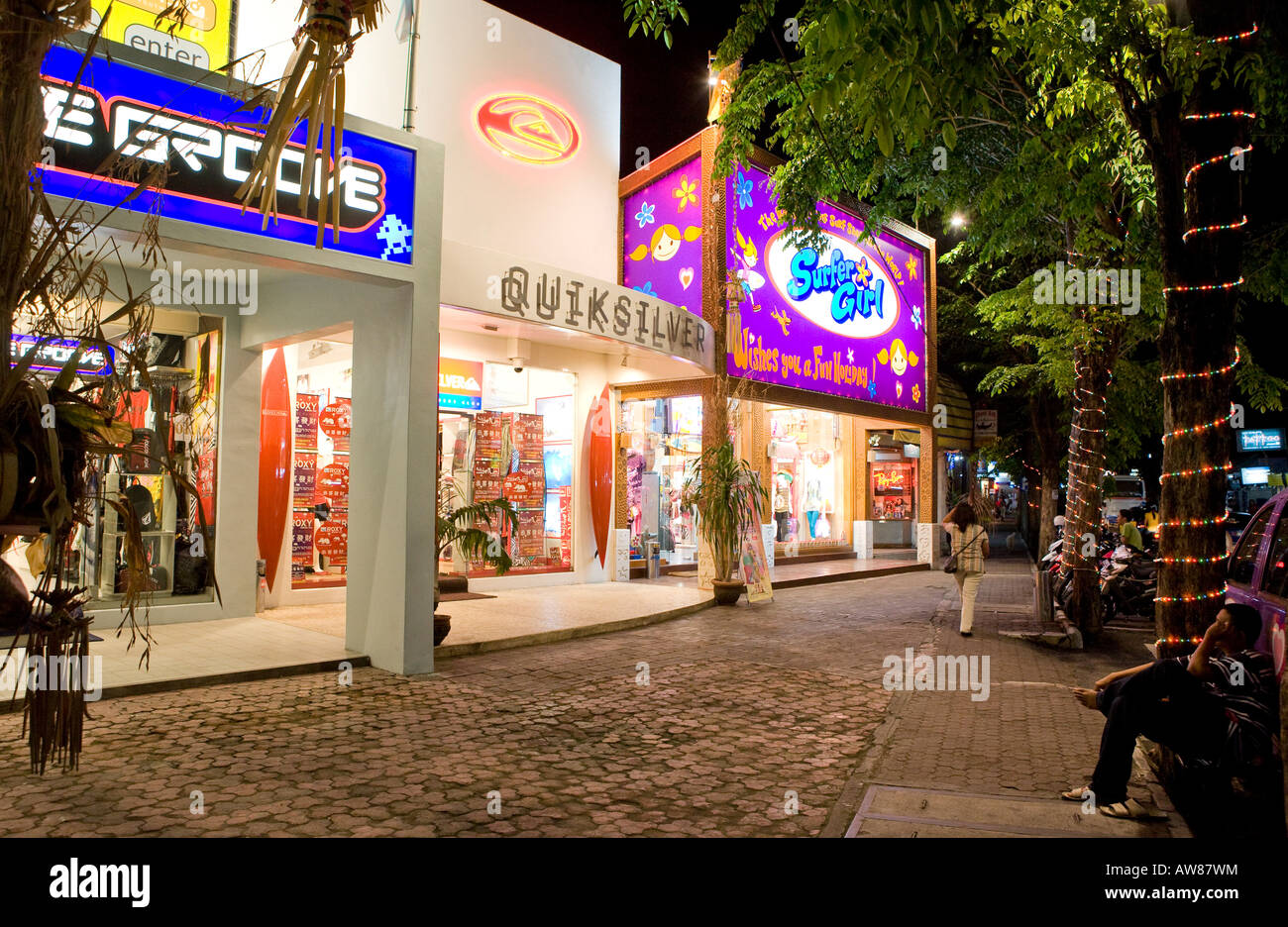 Surfer Girl Shop Nightime in Downtown Kuta Bali Indonesia Stock Photo
