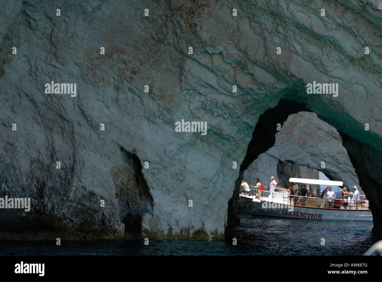 Glass bottom boat tour to the Blue Caves, Cape Skinari, Zakynthos Zante
