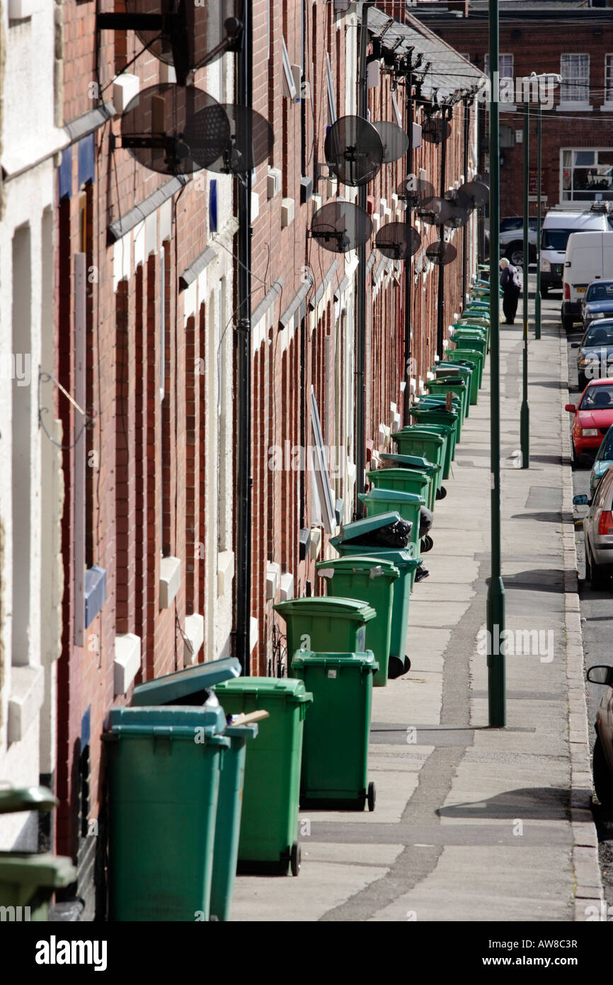 A row of green refuse bins waiting to be collected on a pavement in