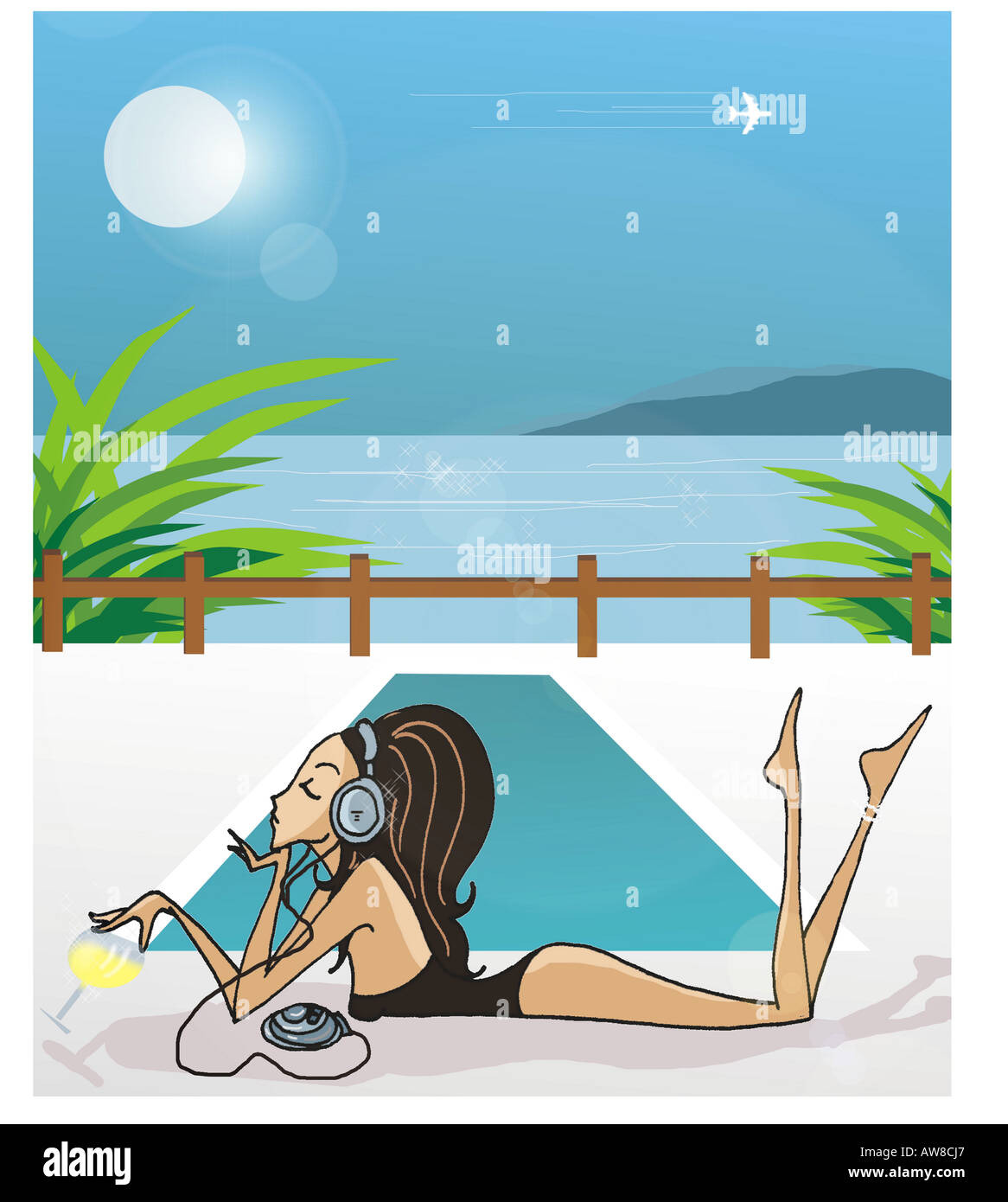 Young woman relaxing by the pool with a drink and portable CD player ...