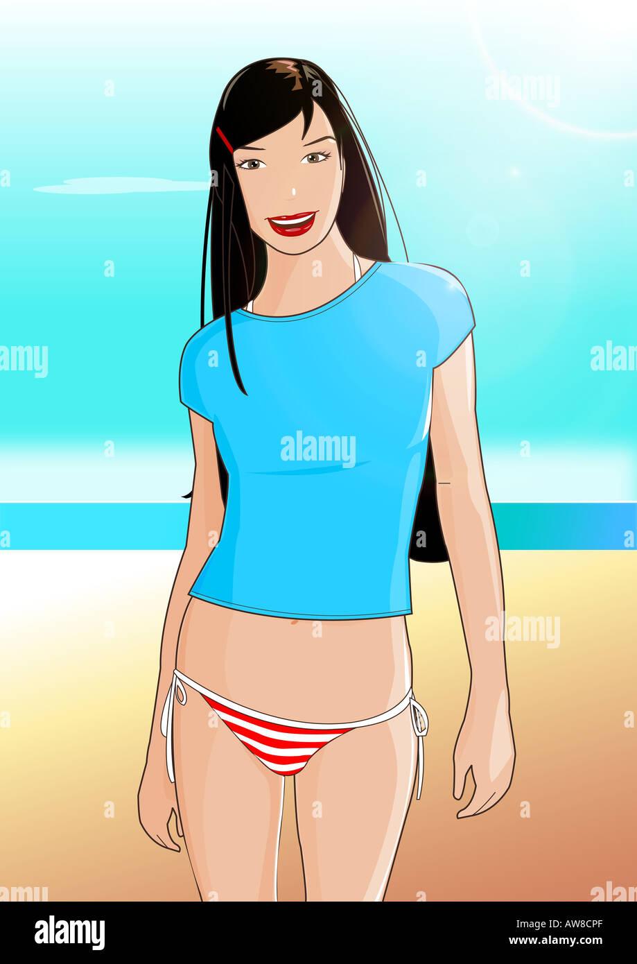 Young woman on beach with T-shirt and bikini bottoms Stock Photo