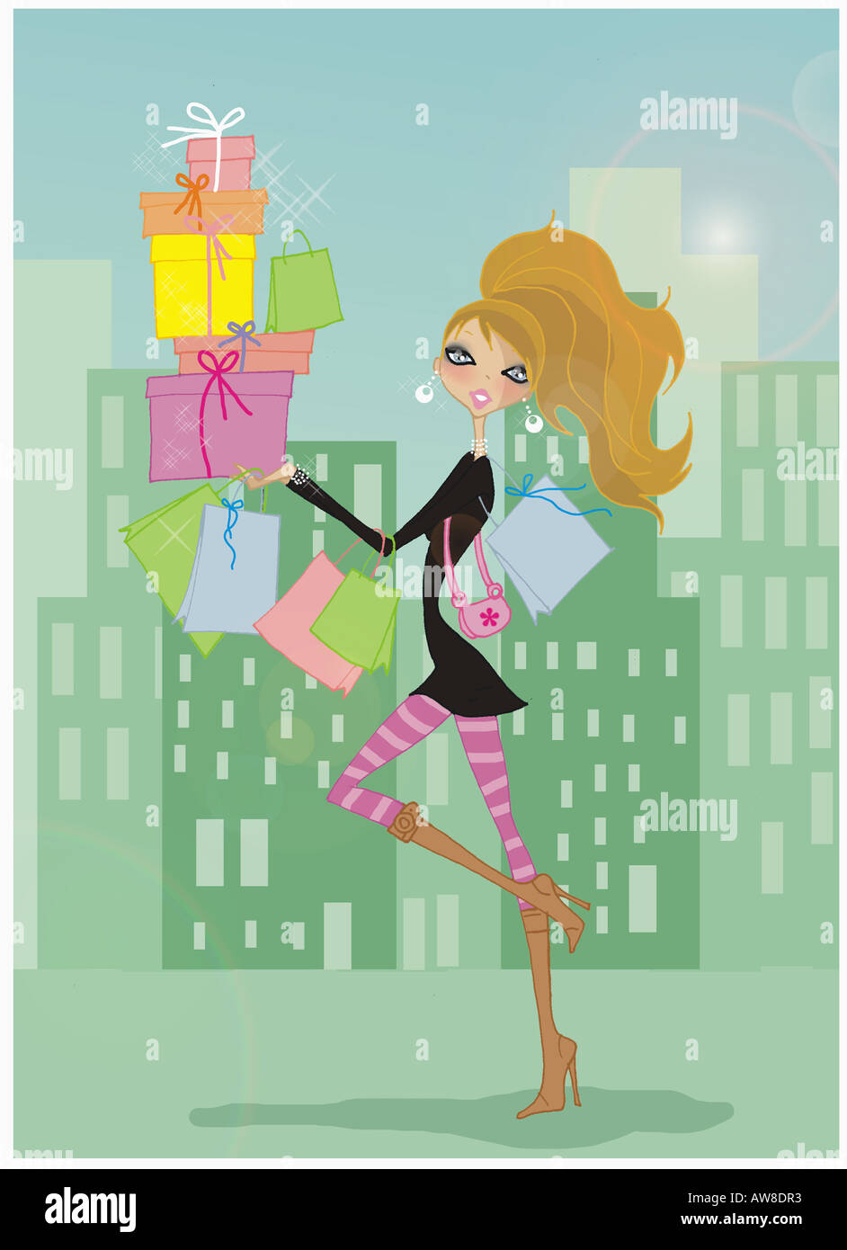 Woman in a cityscape walking with boxes and shopping bags Stock Photo