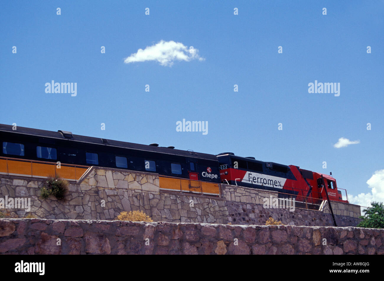 The Copper Canyon Train known as El Chepe at Divisadero, Copper Canyon, Chihuahua, Mexico Stock Photo