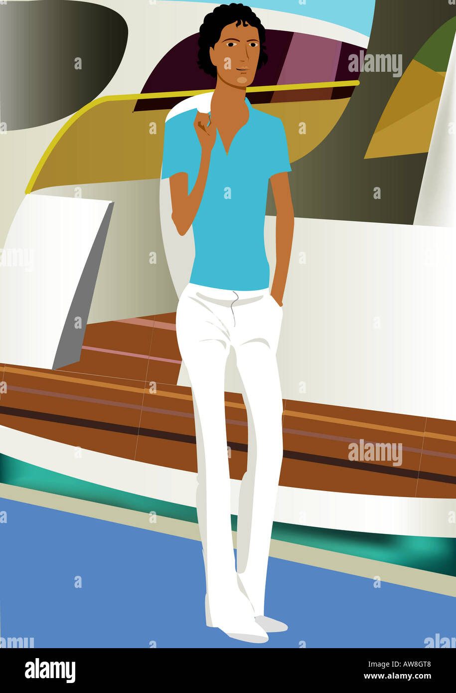 Young dark-skinned male strolling on the deck of a boat Stock Photo