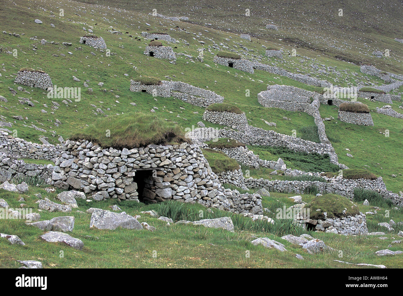Stone cleits on the island of Hirta Saint Kilda Scotland Stock Photo