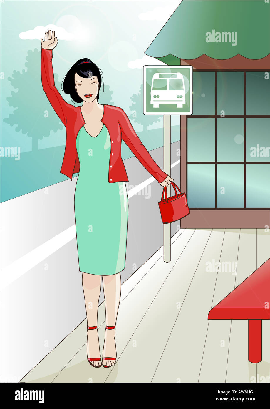 Woman at bus station flagging down the bus Stock Photo Alamy