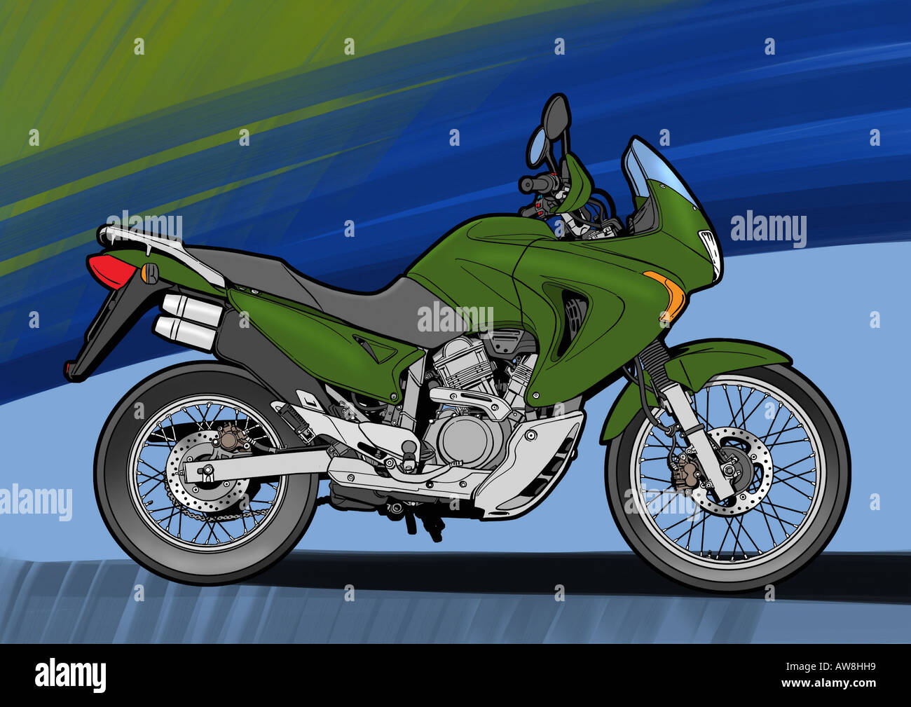 Dark green super enduro motorbike with blue and green background Stock