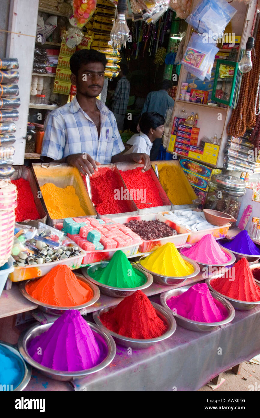 Powders and dyes for sale for use in marking the Hindu forehead spot or Tilaka Stock Photo