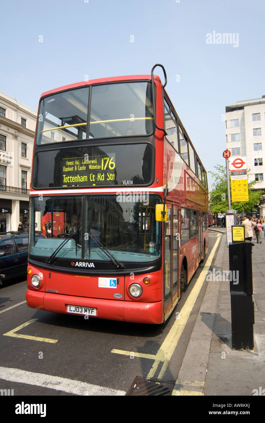 Arriva Volvo B7TL Transbus double decker bus at a bus stop in London England Stock Photo