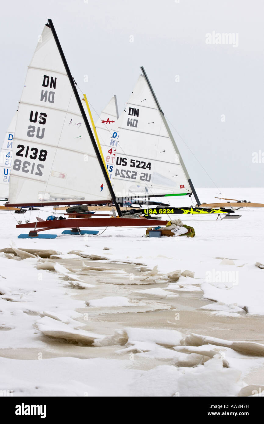 Ice boats on frozen Lake Erie in Toledo Ohio USA winter sport sports day snow action racing race racing racers Stock Photo