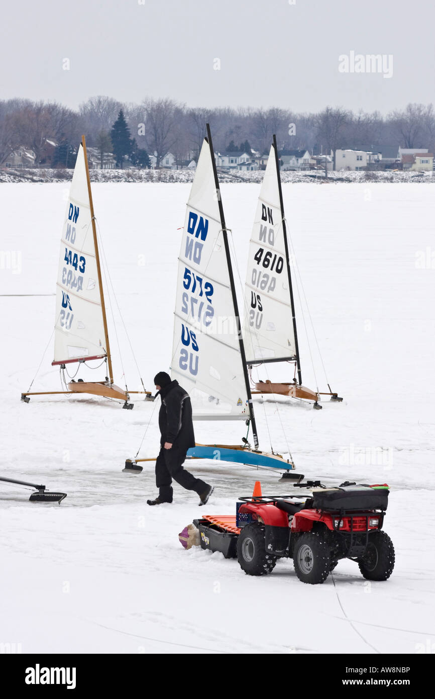 Ice boats on frozen Lake Erie in Toledo Ohio USA winter sport sports day snow one person race racer Stock Photo