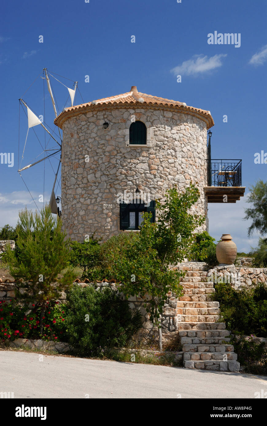 'Anemomilos House' an old stone windmill in Cape Skinari, north end of the Zante/ Zakynthos island, Greece Stock Photo