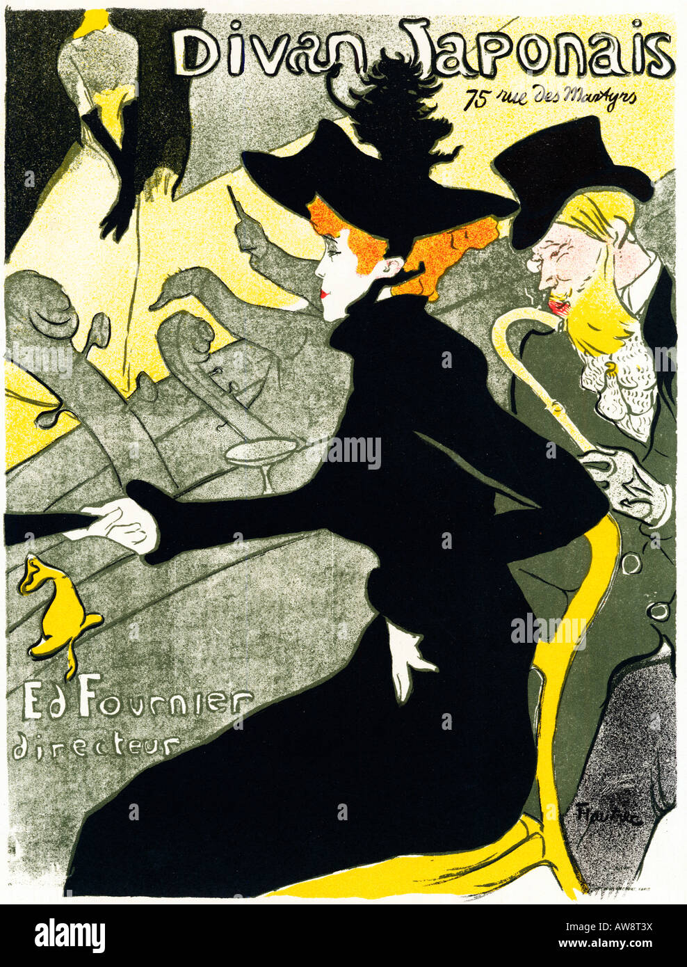 Divan Japonais 1893 Art Nouveau poster by Henri de Toulouse Lautrec, Yvette Guilbert on stage, Edouard Dujardin and Jane Avril watching Stock Photo