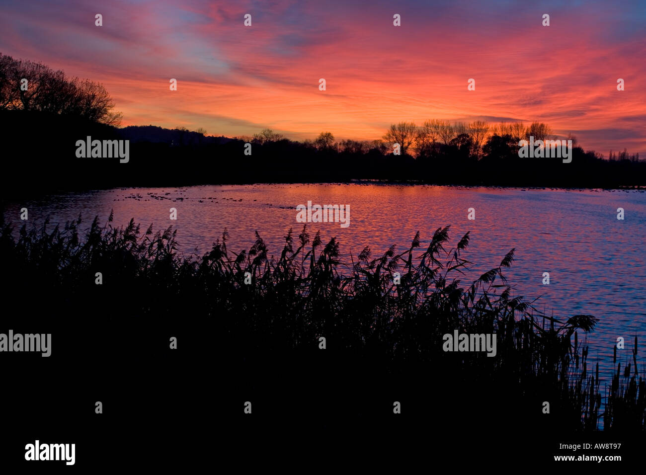 Wilstone Reservoir at Tring in Hertfordshire a winter Sunset Stock