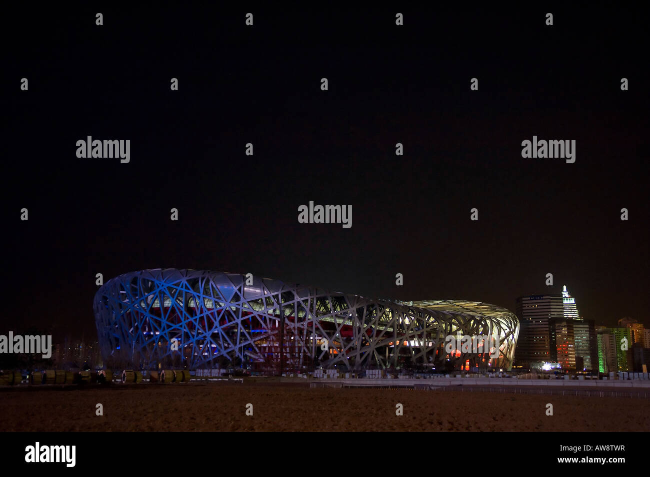 A night view of the Beiijing Olympic Stadium, 'the Birds Nest', venue for major athletic events at Beijing Olympic Games 2008 Stock Photo