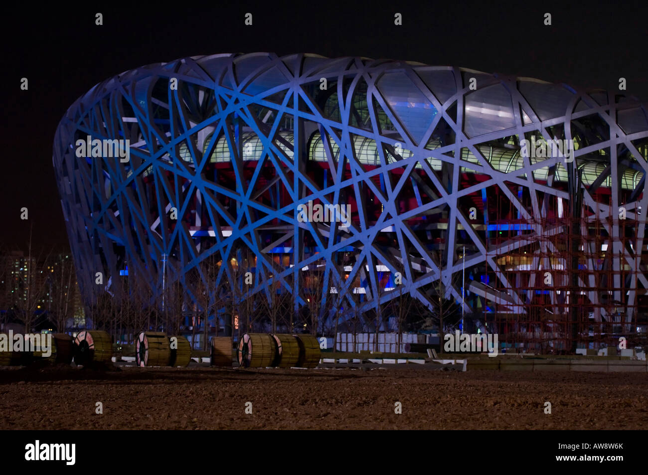 A night view of the Beiijing Olympic Stadium, 'the Birds Nest', venue for major athletic events at Beijing Olympic Games 2008 Stock Photo