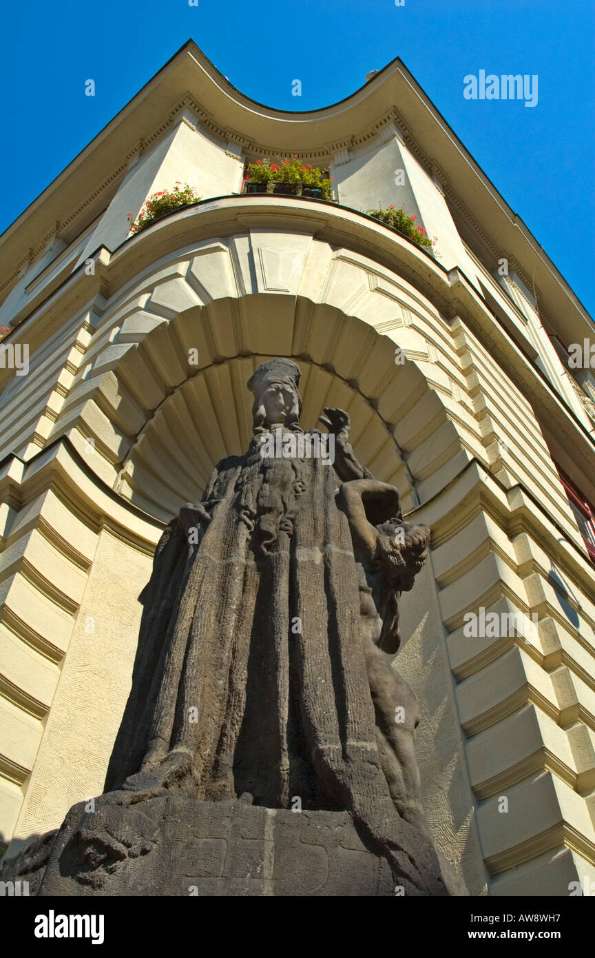Rabbi Löw statue outside new town hall at Marianske namesti square Old Town Prague Czech Republic Europe Stock Photo