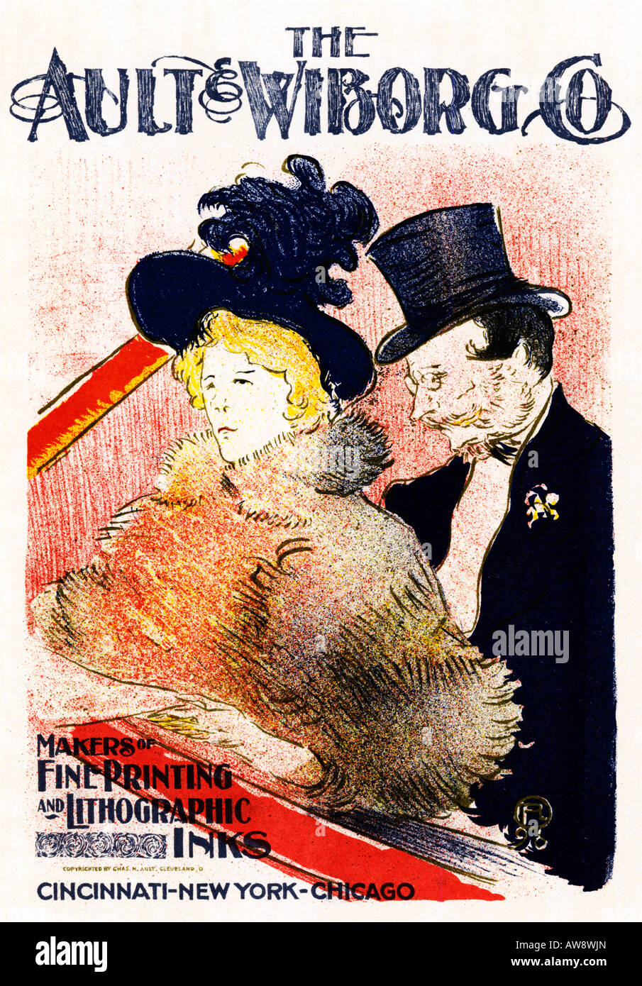 Ault and Wiborg 1896 Art Nouveau Toulouse Lautrec poster for the lithographic ink company, with Alencon and Celeyran at the Cabaret des Decadents Stock Photo