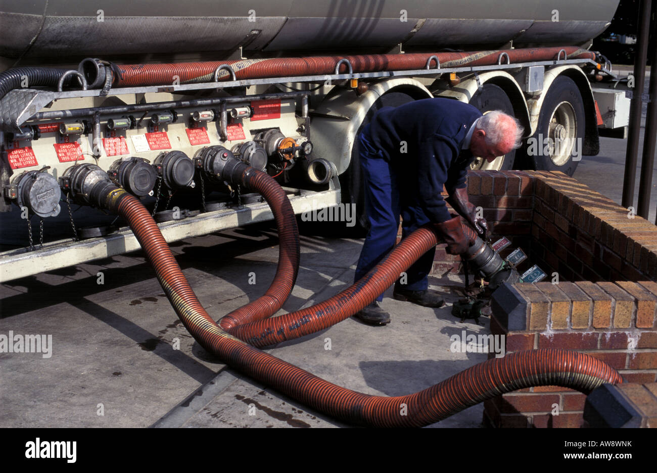 Petrol tanker delivering fuel to a filling station pipes being