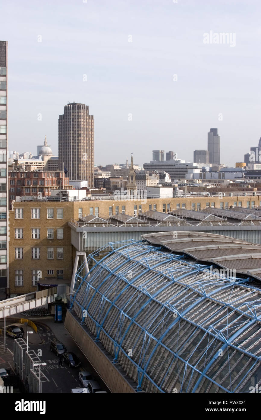 London roof top shot of Eurostar roof and Waterloo area with City
