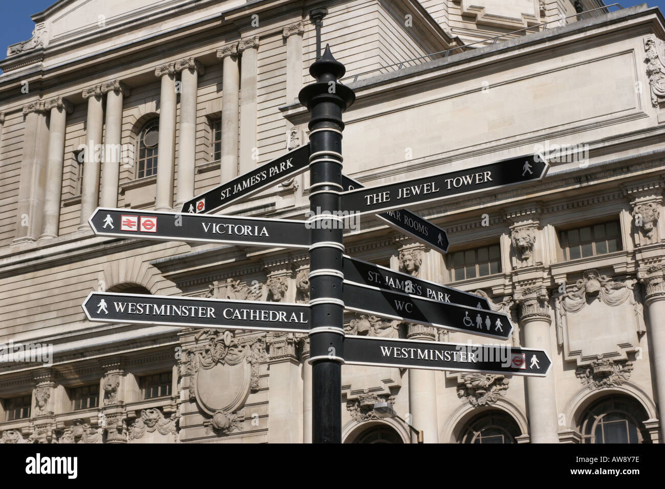 London Signpost London signpost showing directions to major tourist sights, in front of ...