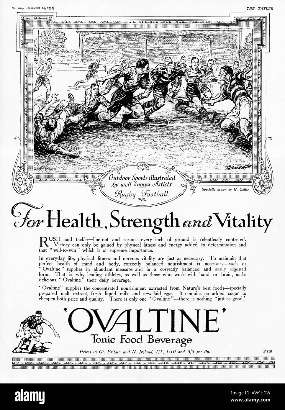 Ovaltine Rugby 1932 magazine advert for the Tonic Food Beverage for Health Strength and Vitality Stock Photo