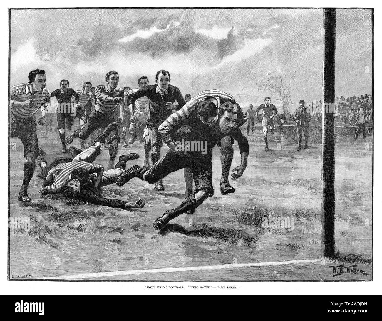 Well Saved Hard Lines 1893 Victorian engraving of a last ditch tackle under the posts to prevent a try in a game of rugby union football Stock Photo