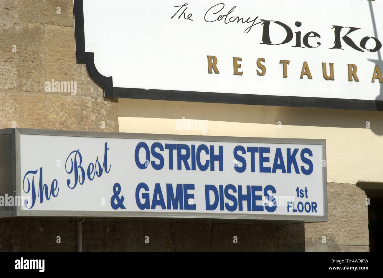 Ostrich steaks sign,  Oudtshoorn,  South Africa Stock Photo