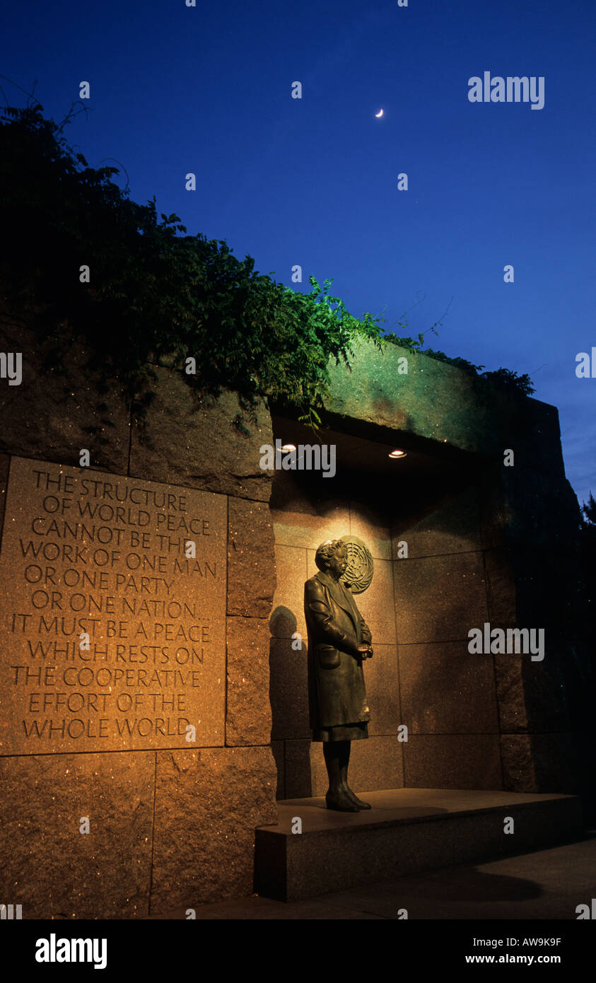 The moon shines over a statue of Eleanor Roosevelt at the FDR memorial in Washington, DC. Stock Photo