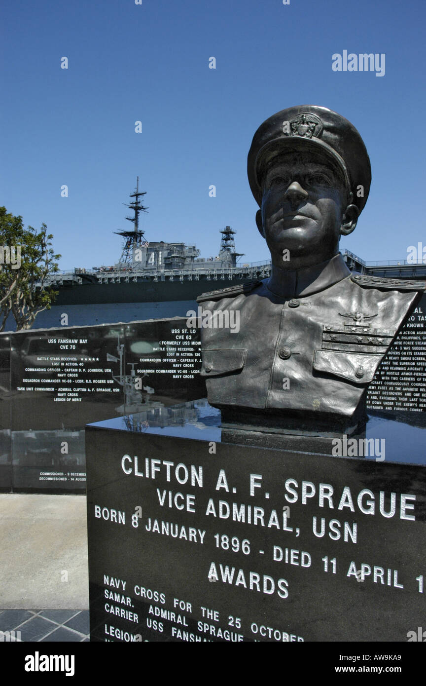 Battle of Leyte Gulf Memorial and Admiral Sprague Bustwith Midway Museum in background. San Diego, California. Stock Photo