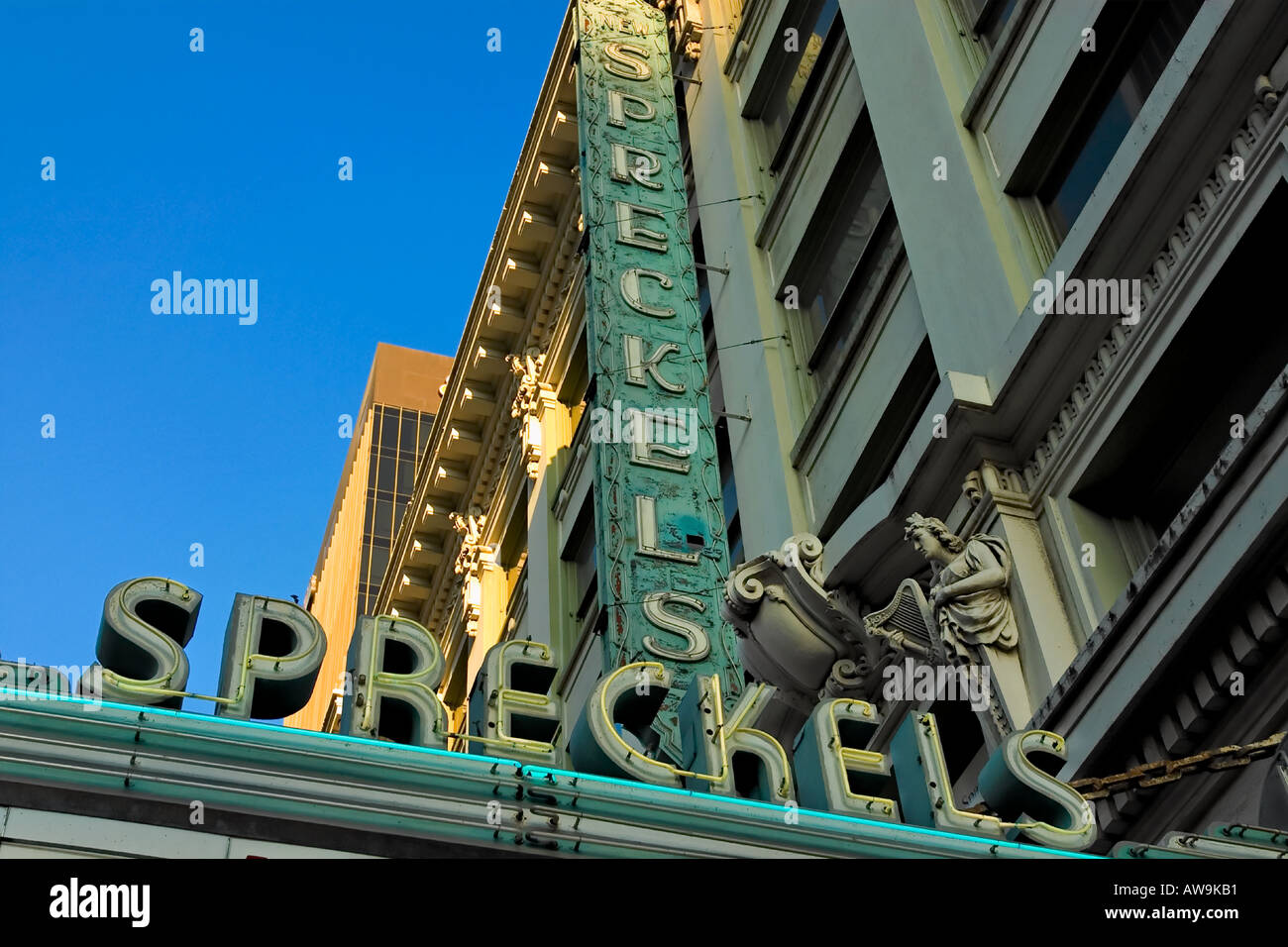 Looking up at the neon marquee of the Spreckels Theater in San Diego