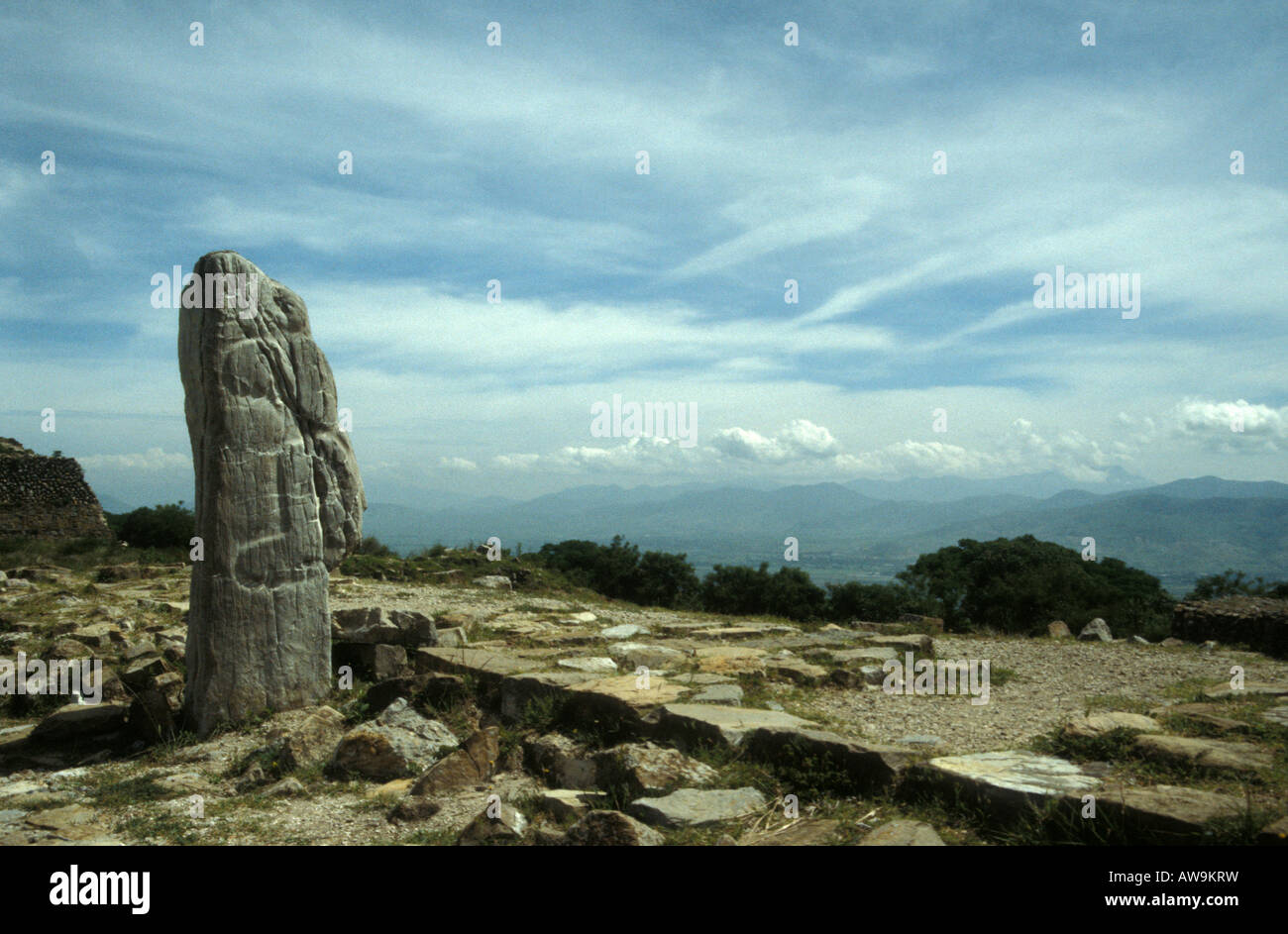 A pre-Columbian sculpture at the Zapotec ruins of Monte Alban outside ...