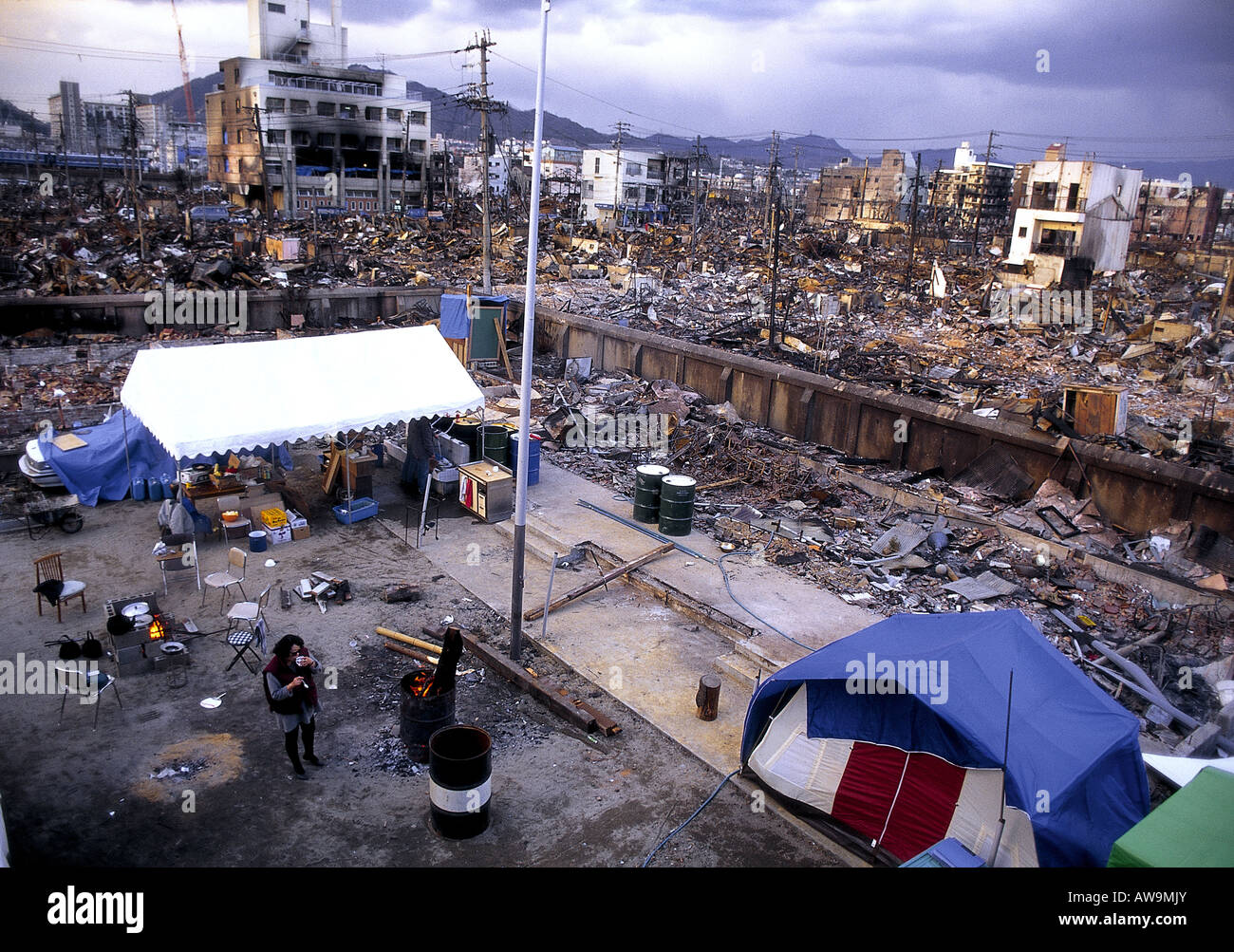 Devastated area of Kobe, and refuge center, following the major earthquake in January 1995. Stock Photo