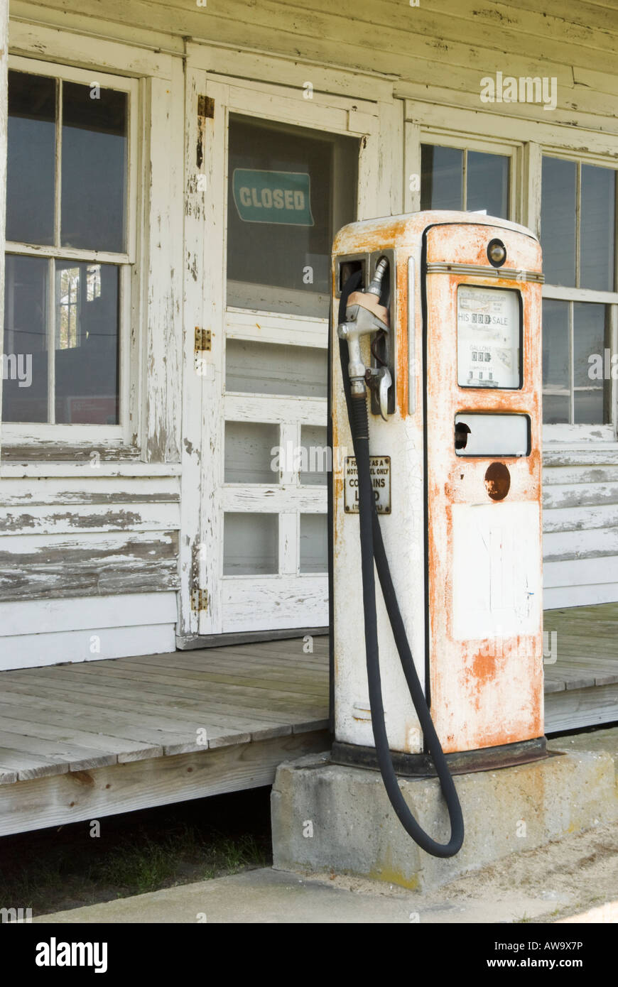 Gas pump at a closed down country general store run out of gasoline