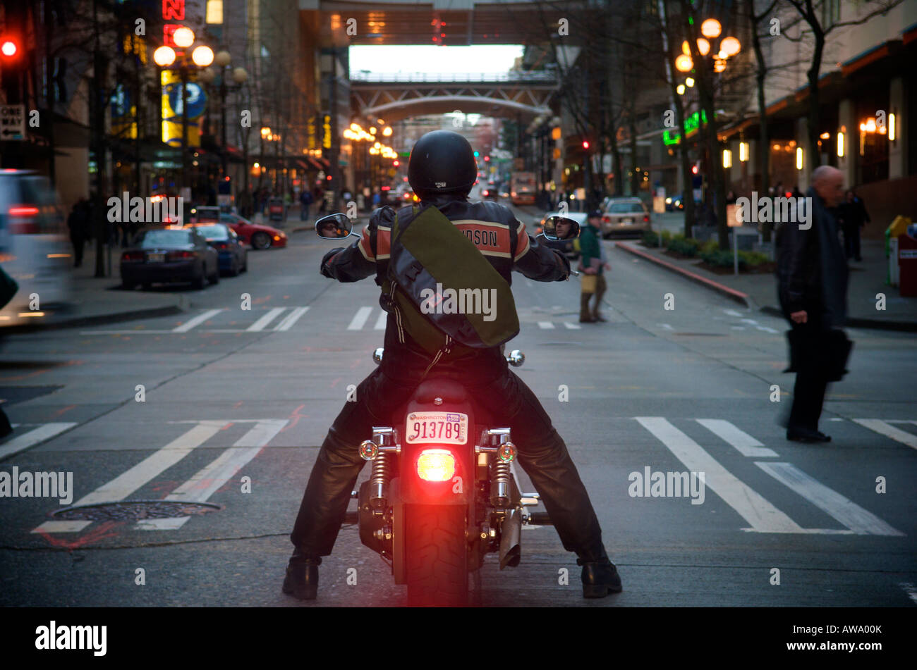 Motorcycle rider at a stoplight in 