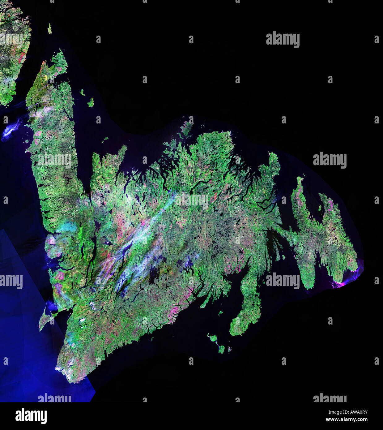 High over Newfoundland A high resolution false colour Landsat satellite composite image Stock Photo