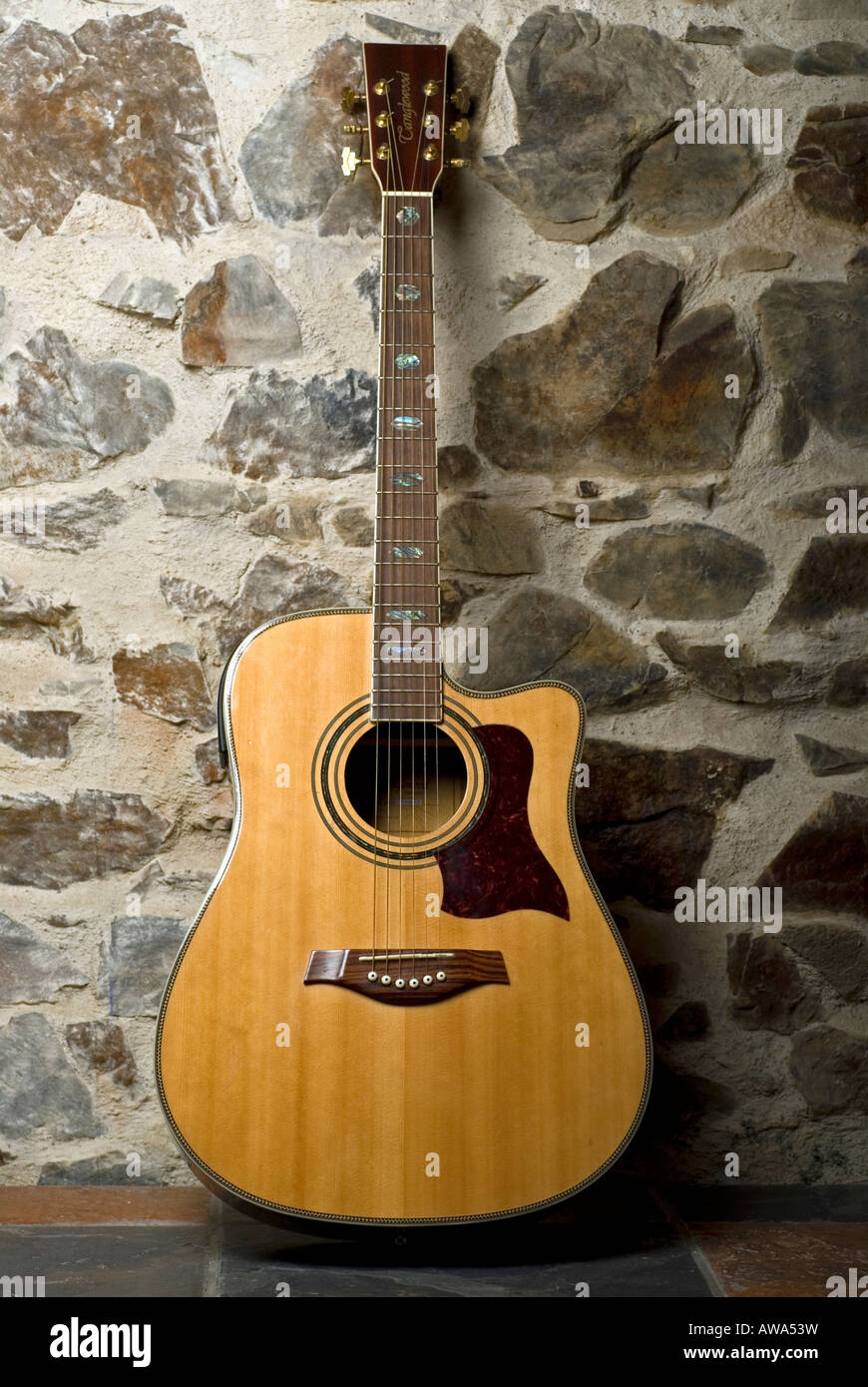 Image of an acoustic guitar leaning against a stone wall Stock ...