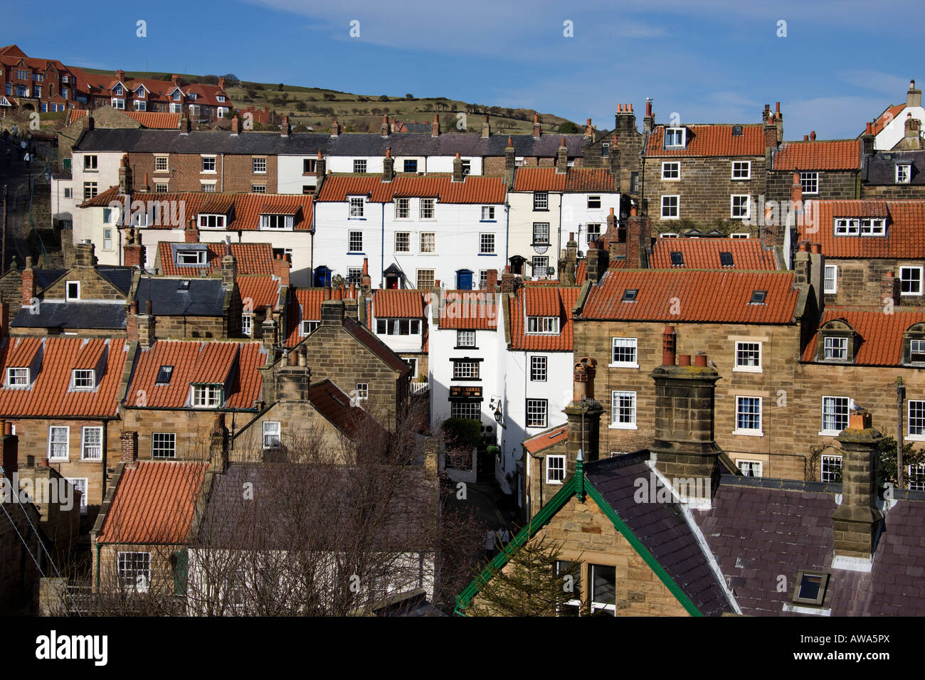 Quaint old houses in Robin Hoods Bay on North Yorkshire Coast in the
