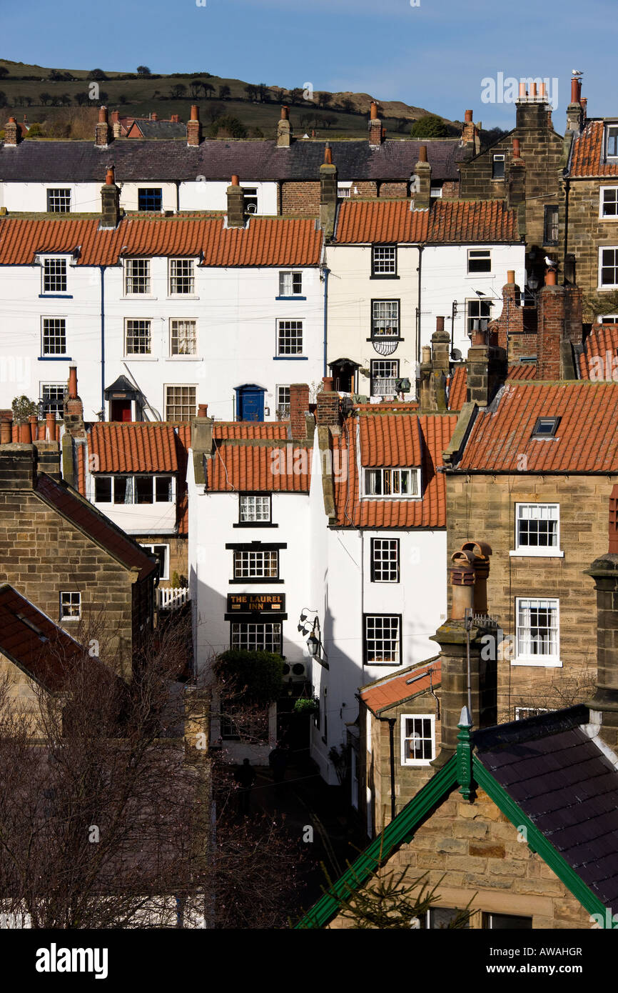 Quaint old houses in Robin Hoods Bay on North Yorkshire Coast in the