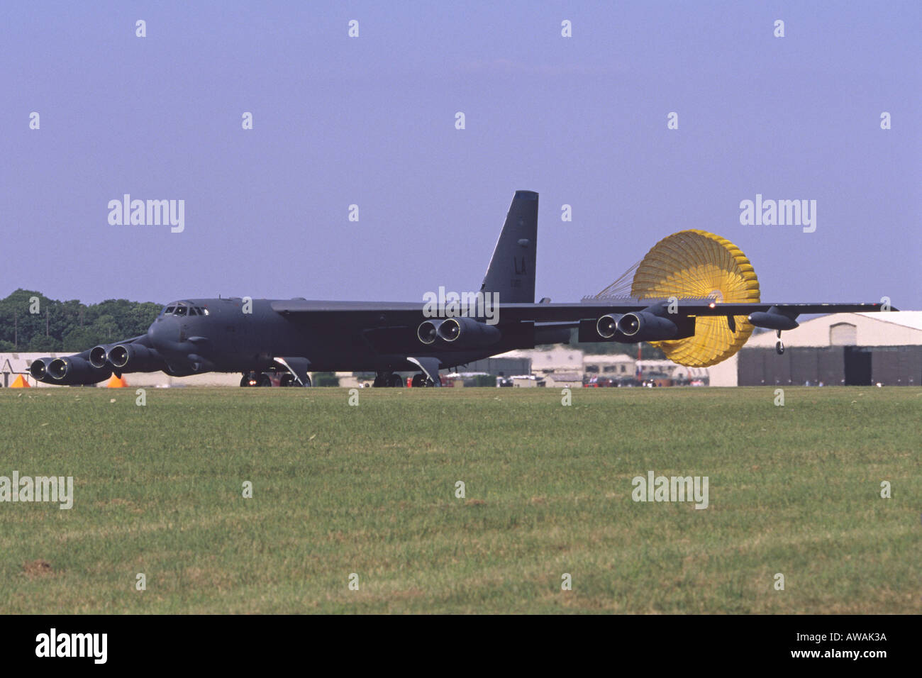 Boeing B-52H Stratofortess operated by the US Air Force braking after landing at RAF Fairford Stock Photo