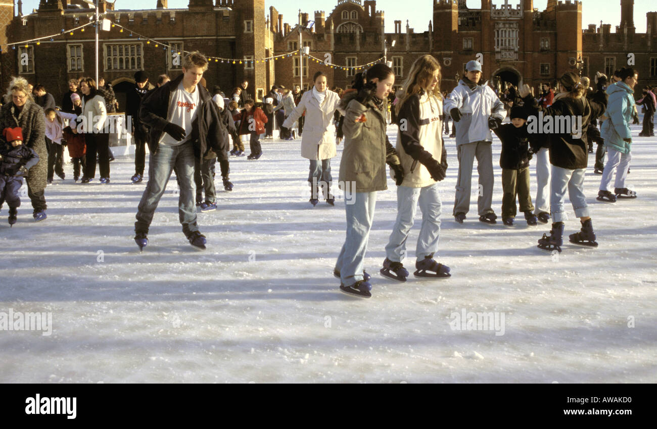 Ice Skaters  At Hampton Court enjoying  the Seasonal Ice Rink in December Stock Photo