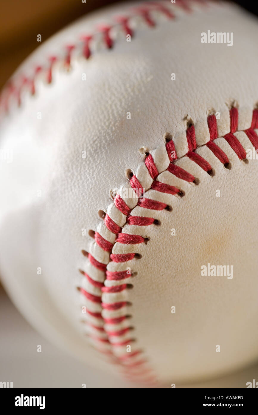 Closeup of stitching on a baseball Stock Photo