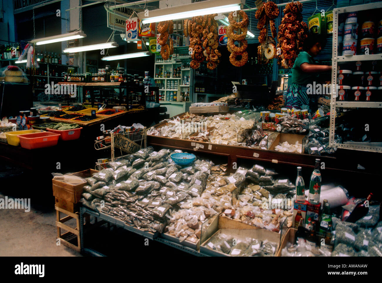 Indoor market stall, with herbs and spices, Chania, Crete, Greece Stock Photo
