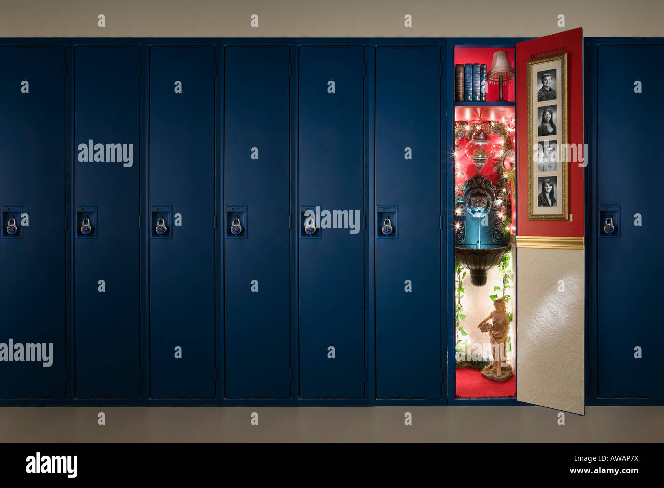 A row of lockers with one open Stock Photo