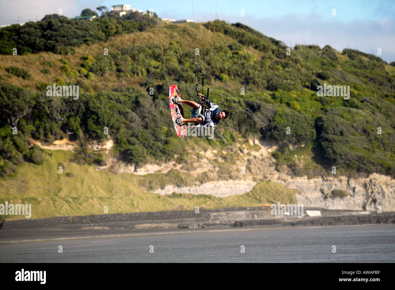 Kite Surfing Muriwai Beach Auckland New Zealand model release 416 Stock